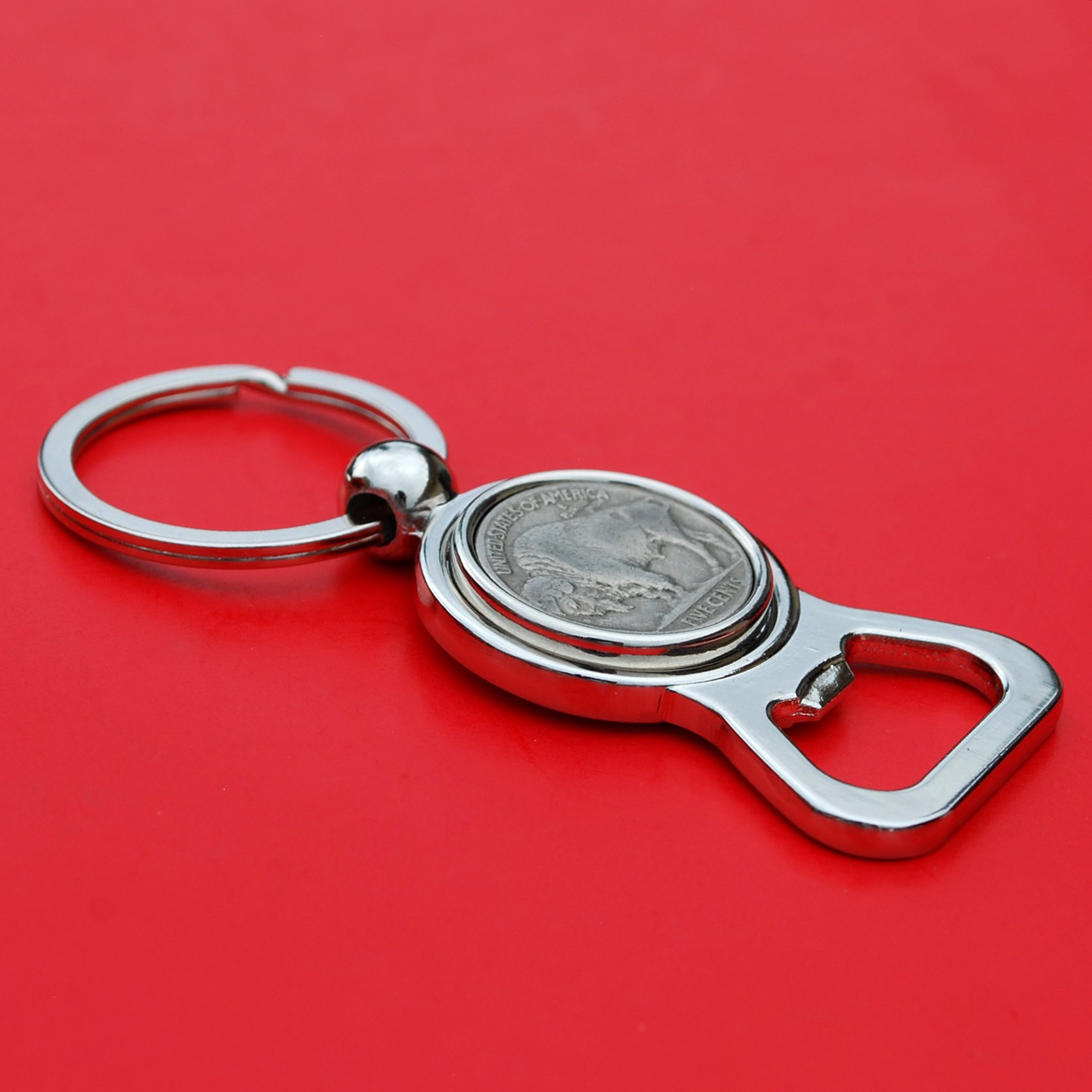 US 1913~1938 Indian Head Buffalo Nickel 5 Cent Coin Silver Tone Key Chain Ring Bottle Opener NEW