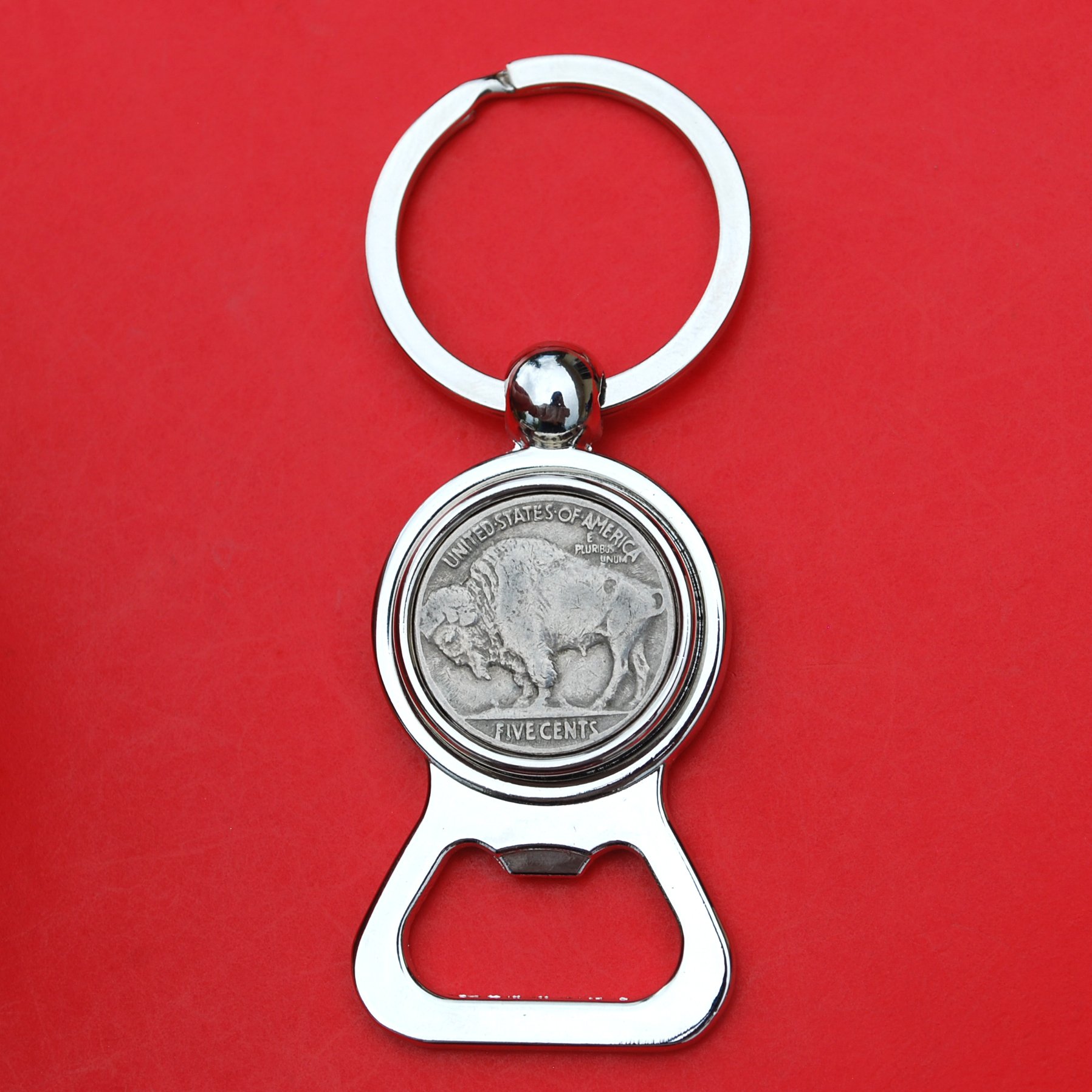 US 1913~1938 Indian Head Buffalo Nickel 5 Cent Coin Silver Tone Key Chain Ring Bottle Opener NEW