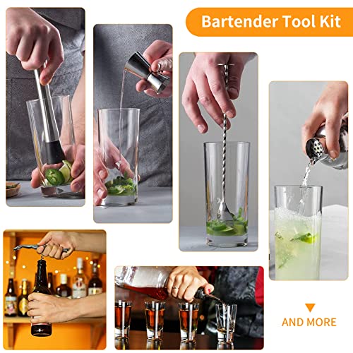 14 Pcs Cocktail Shaker Set Bar Set - Gifts for Dad, 25oz Stainless Steel Cocktail Shaker Set Bar Tools Bartender Kit, Reward Stylish Bamboo Stand & Recipes Booklet, Best Bartender Kit for Beginners