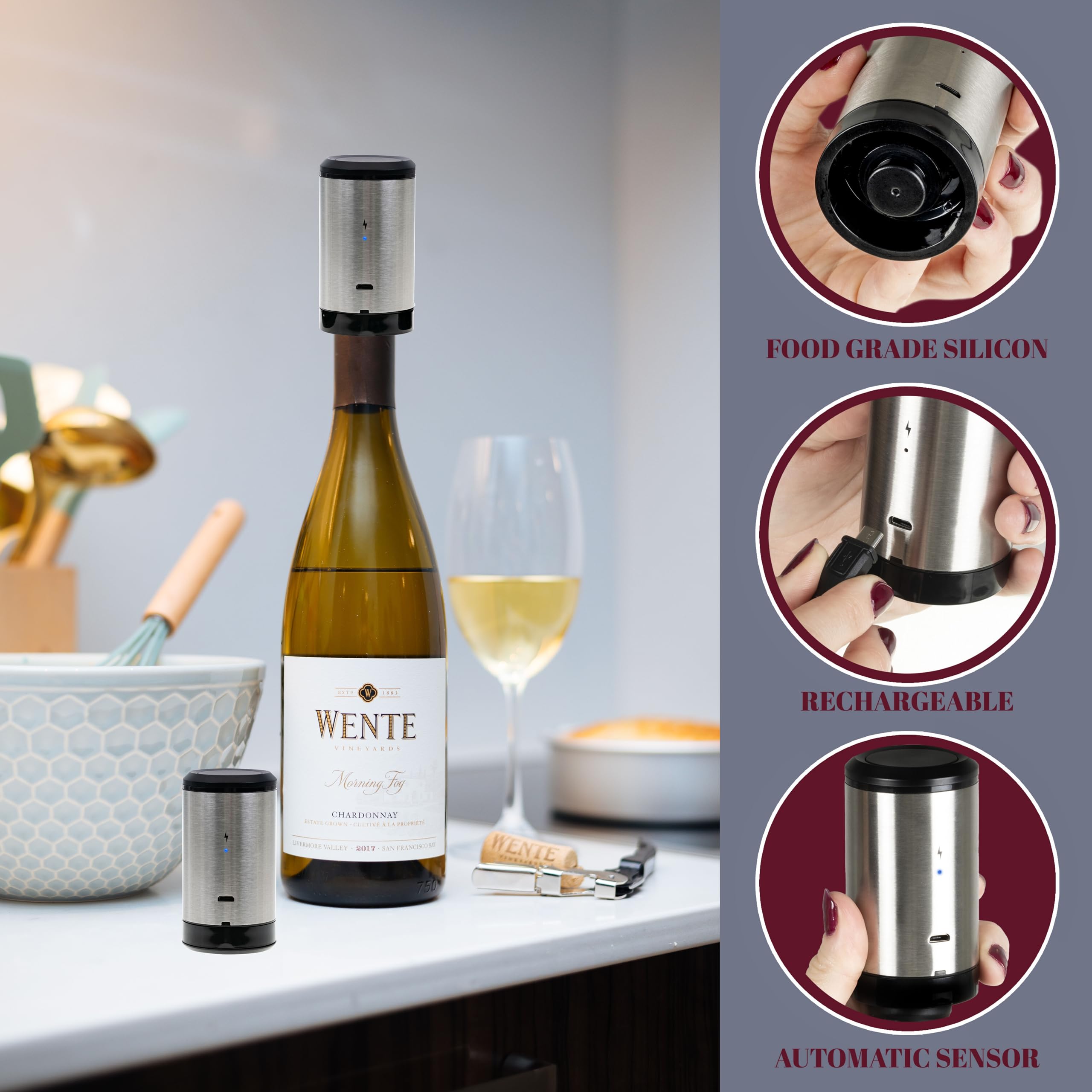 Kubedin Electric Wine Stopper, Automatic Vacuum Wine Pump, Pumps out air from bottle keeping wine fresh- great wine accessories -gift for wine enthusiast-Rechargeable