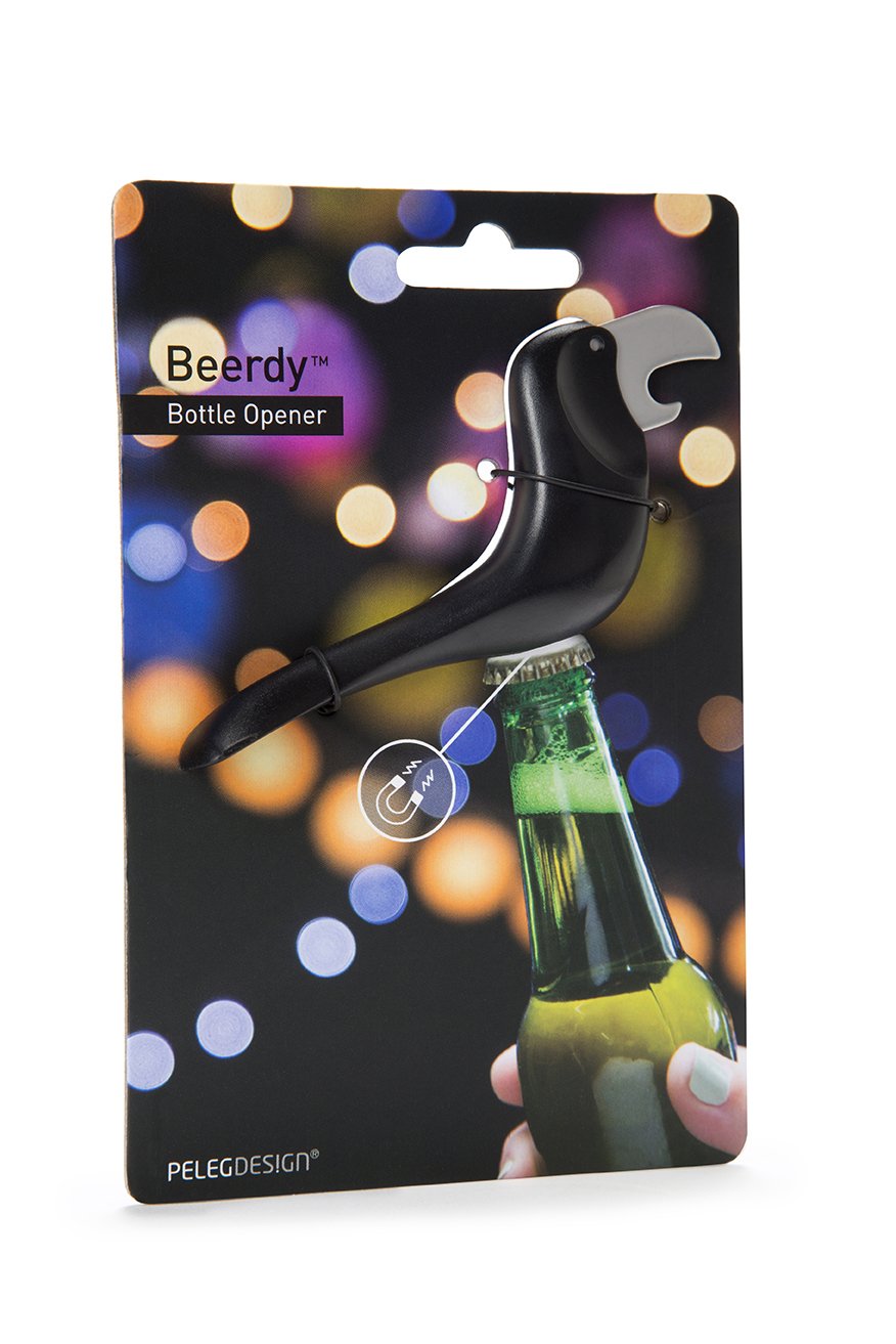 Peleg Design Beerdy, Original Bird-Shaped Bottle Opener with Magnetic Bottom, Black with Stainless Steel Beak as Metal Cap Opener and Tail Handle