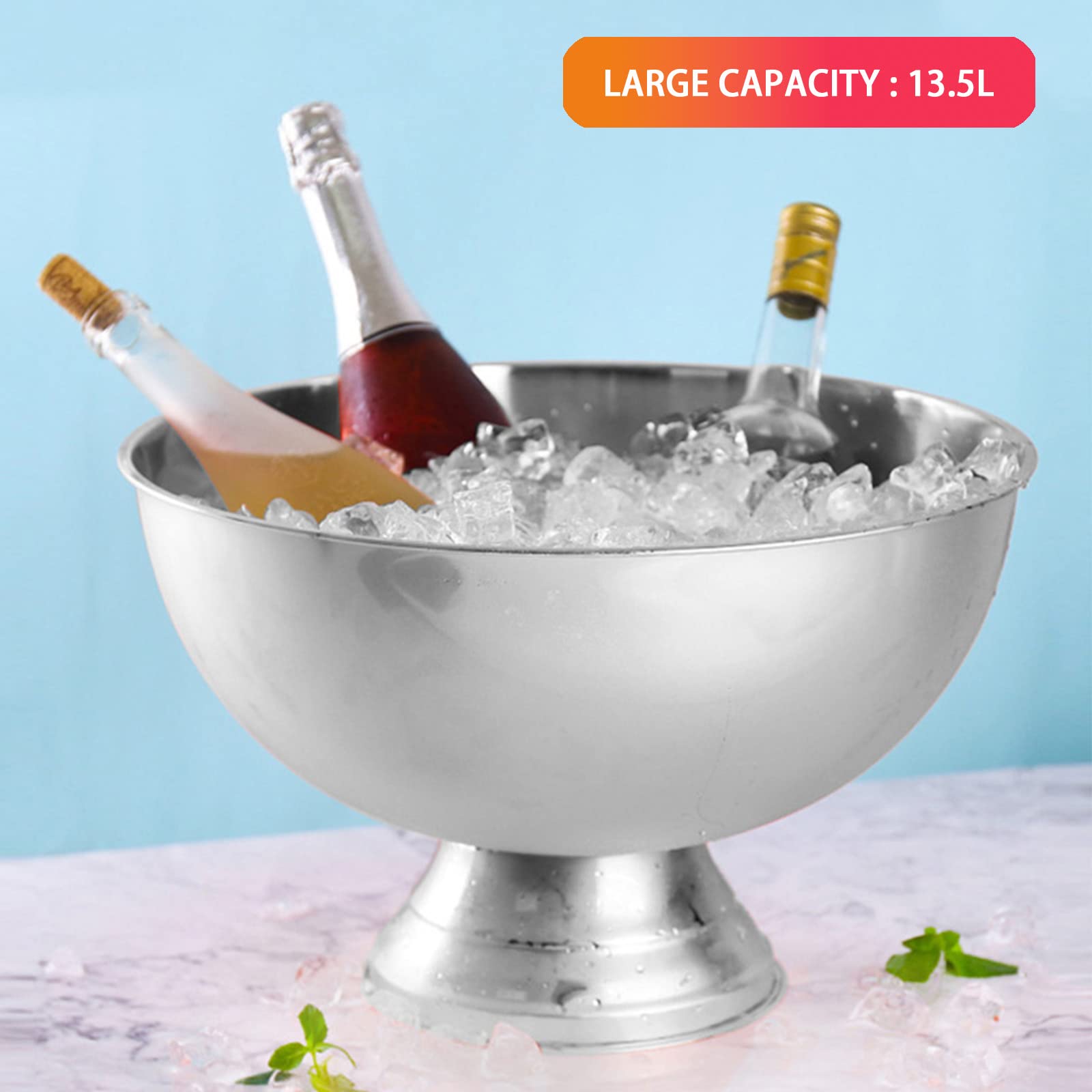 Stainless Steel Champagne Bowl Ice Bucket, Bar Ice Bucket, Large Size Ice Bowl Metal Bar Beer Barrel Champagne Wine Big Ice Bucket for Home Bar - 15.35" x 9.65''