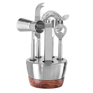 oggi modernist stainless steel bar tool set w/wood accent- ideal bar accessories, cocktail set, bar set, bar cart décor; includes bar knife, ice tongs, drink strainer, double jigger & cap/can opener