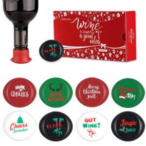 whaline 8 pack christmas wine bottle stoppers and gift box, funny silicone reusable caps bottle sealers with a funny saying for wine beer bottles
