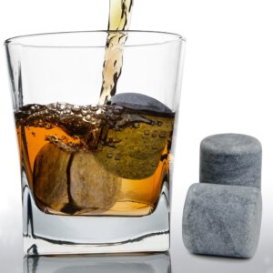 EMCOLLECTION Whiskey Stones Gift Set of 6 w/ Wooden Storage Tray & Forceps: Chill Any Beverage Without Dilution. Round Granite Rocks Cool a Cocktail or Scotch Better Than Ice