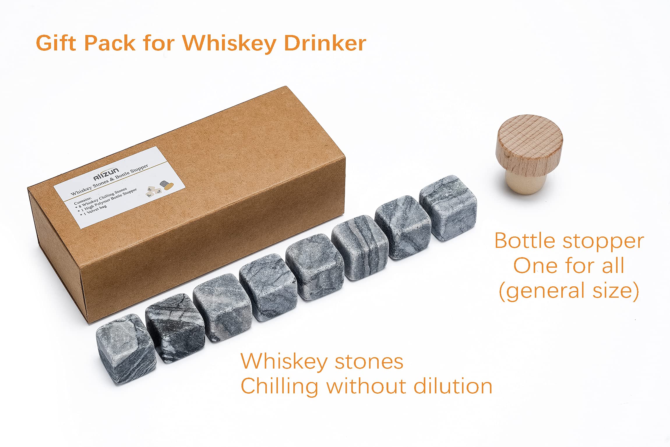 Whisky Stones, Set of 8 Scotch Rocks with Bottle Stopper, The Starter Pack for Whisky/Scotch/Bourbon Drinker, Gift Idea for Christmas/Birthday/Father's Day - Aiizun