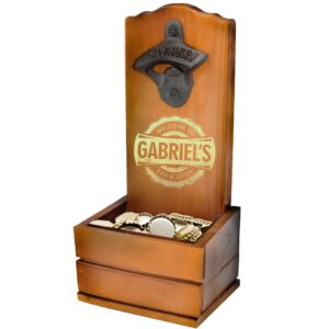 custom engraved wood wall mounted beer soda bottle opener with cap catcher - personalized with bottle cap style (red/brown)
