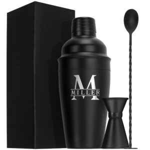 gifts for men, personalized cocktail shaker set - 9 design option w/custom name, 24 oz black stainless metal martini shaker, ice strainer, jigger, mixing spoon - margarita shaker, bartender kit #5