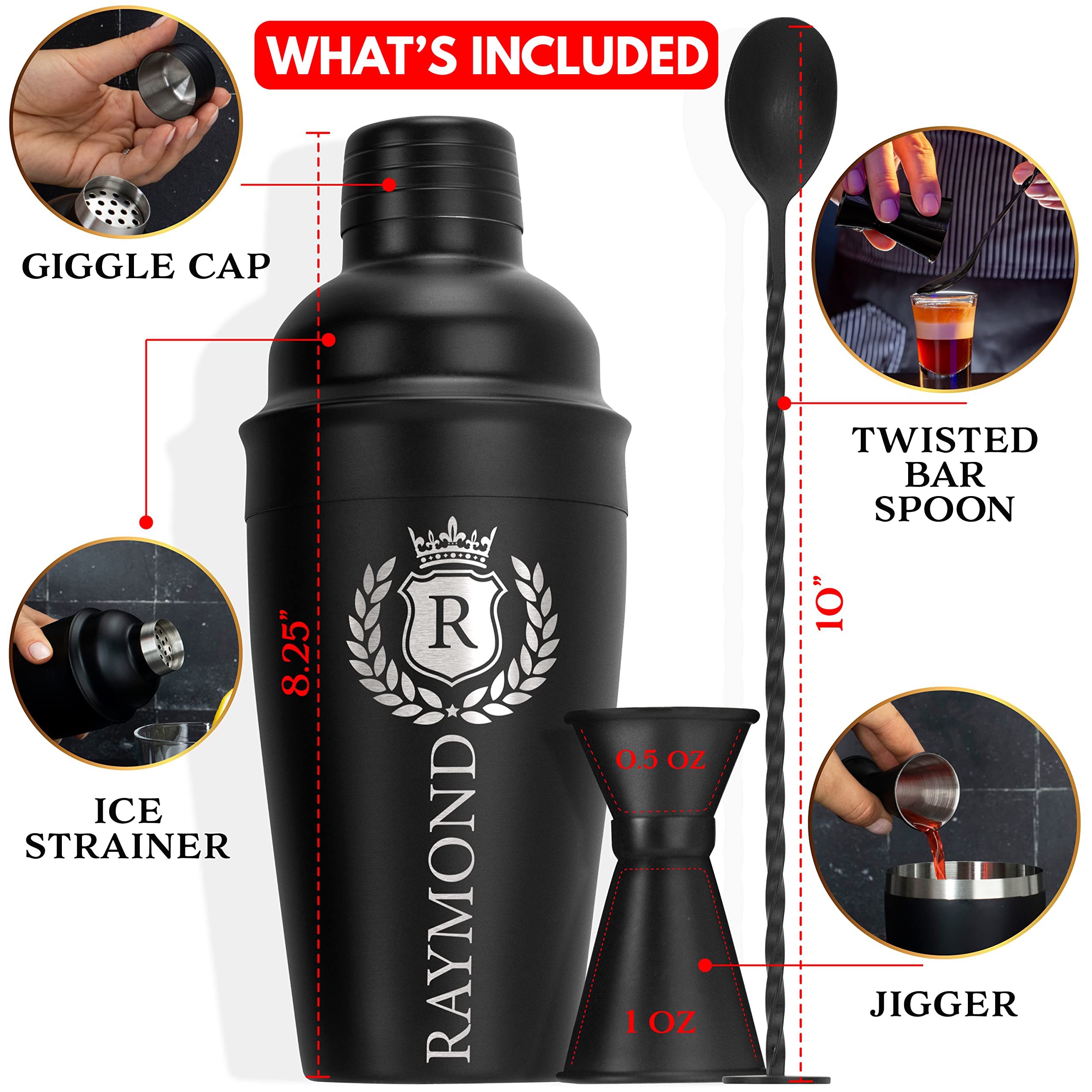 Gifts for Men, Personalized Cocktail Shaker Set - 9 Design Option w/Custom Name, 24 Oz Black Stainless Metal Martini Shaker, Ice Strainer, Jigger, Mixing Spoon - Margarita Shaker, Bartender Kit #5