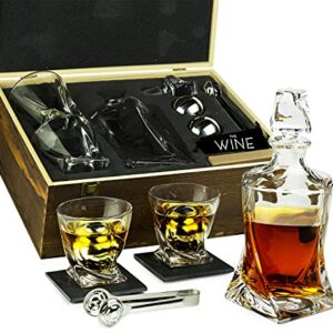 Whiskey Stones & Decanter Gift Set for Men & Women, By The Wine Savant, 2 XL Stainless Steel Whiskey Balls, 2 Twist Glasses, Whiskey Decanter, 2 Coasters, Freezer Pouch & Special Tongs in Pinewood Box