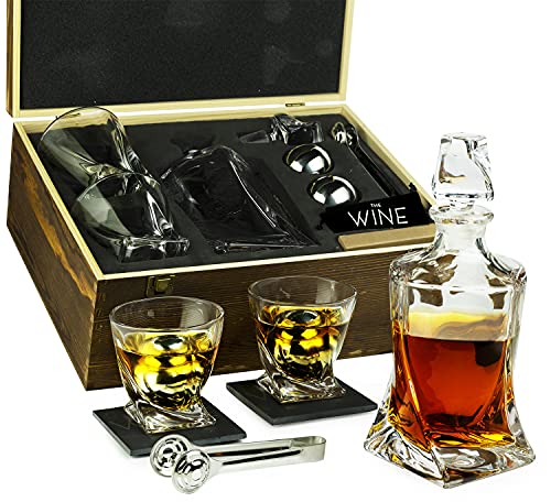 Whiskey Stones & Decanter Gift Set for Men & Women, By The Wine Savant, 2 XL Stainless Steel Whiskey Balls, 2 Twist Glasses, Whiskey Decanter, 2 Coasters, Freezer Pouch & Special Tongs in Pinewood Box