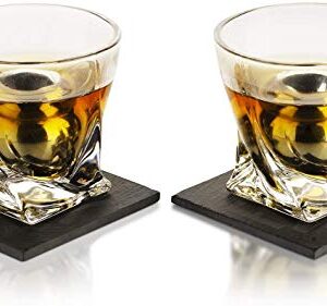 Whiskey Stones & Decanter Gift Set for Men & Women, By The Wine Savant, 2 XL Stainless Steel Whiskey Balls, 2 Twist Glasses, Whiskey Decanter, 2 Coasters, Freezer Pouch & Special Tongs in Pinewood Box