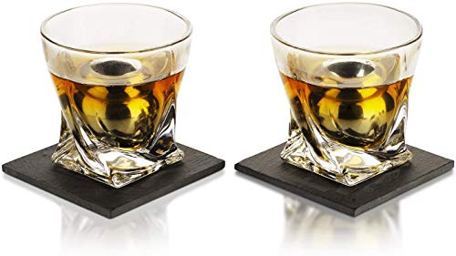 Whiskey Stones & Decanter Gift Set for Men & Women, By The Wine Savant, 2 XL Stainless Steel Whiskey Balls, 2 Twist Glasses, Whiskey Decanter, 2 Coasters, Freezer Pouch & Special Tongs in Pinewood Box