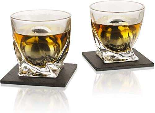 Whiskey Stones & Decanter Gift Set for Men & Women, By The Wine Savant, 2 XL Stainless Steel Whiskey Balls, 2 Twist Glasses, Whiskey Decanter, 2 Coasters, Freezer Pouch & Special Tongs in Pinewood Box