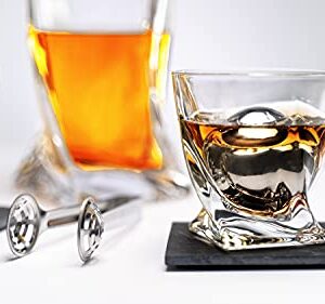 Whiskey Stones & Decanter Gift Set for Men & Women, By The Wine Savant, 2 XL Stainless Steel Whiskey Balls, 2 Twist Glasses, Whiskey Decanter, 2 Coasters, Freezer Pouch & Special Tongs in Pinewood Box