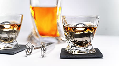 Whiskey Stones & Decanter Gift Set for Men & Women, By The Wine Savant, 2 XL Stainless Steel Whiskey Balls, 2 Twist Glasses, Whiskey Decanter, 2 Coasters, Freezer Pouch & Special Tongs in Pinewood Box