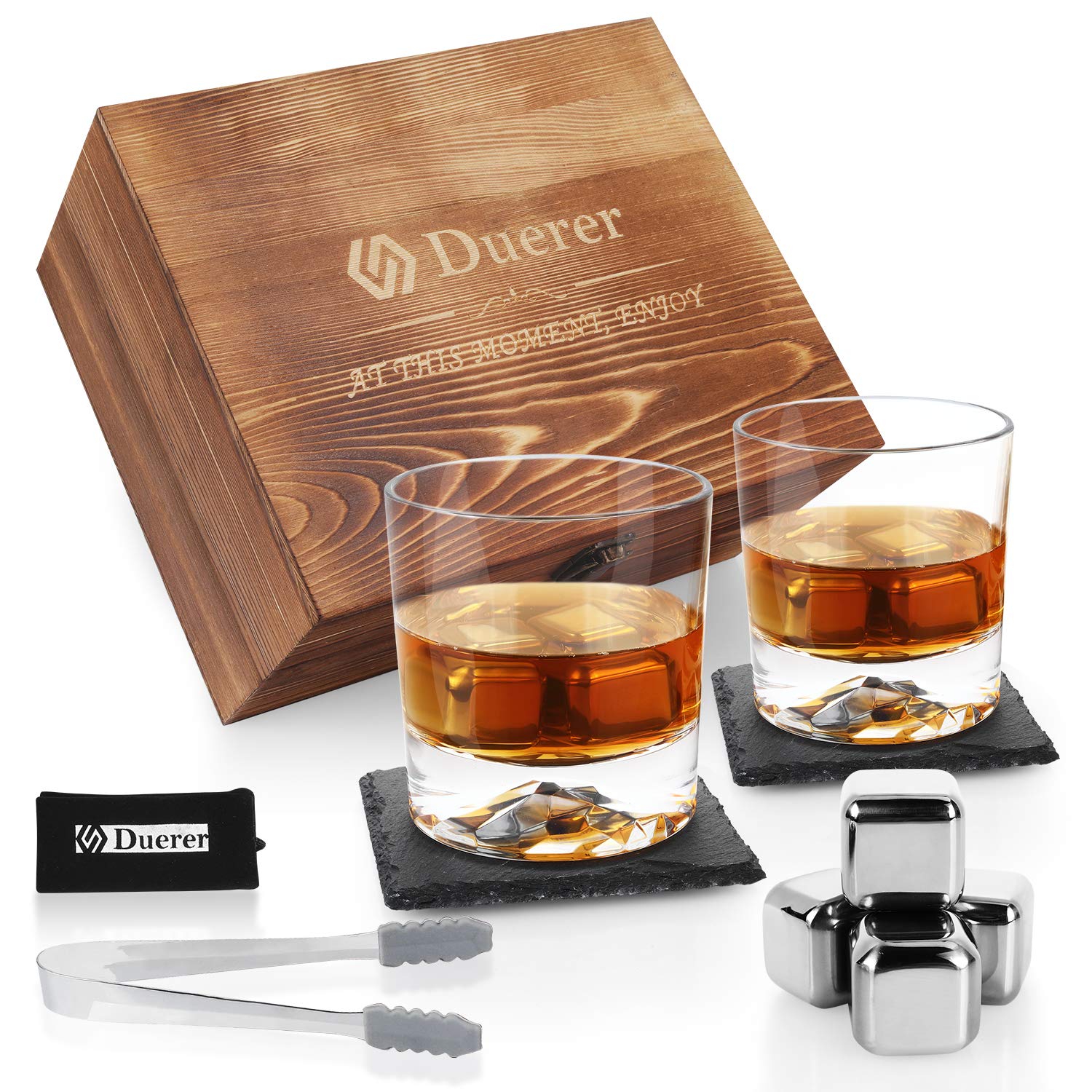 Duerer Whiskey Stones Set, 2 Whiskey Glasses, 8 Reusable Stainless Steel Ice Cubes in Wooden Box, Great Gift for Father's Day, Dad's Birthday or Anytime for Dad, Plus 2 Free Coasters