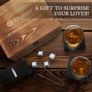 Duerer Whiskey Stones Set, 2 Whiskey Glasses, 8 Reusable Stainless Steel Ice Cubes in Wooden Box, Great Gift for Father's Day, Dad's Birthday or Anytime for Dad, Plus 2 Free Coasters