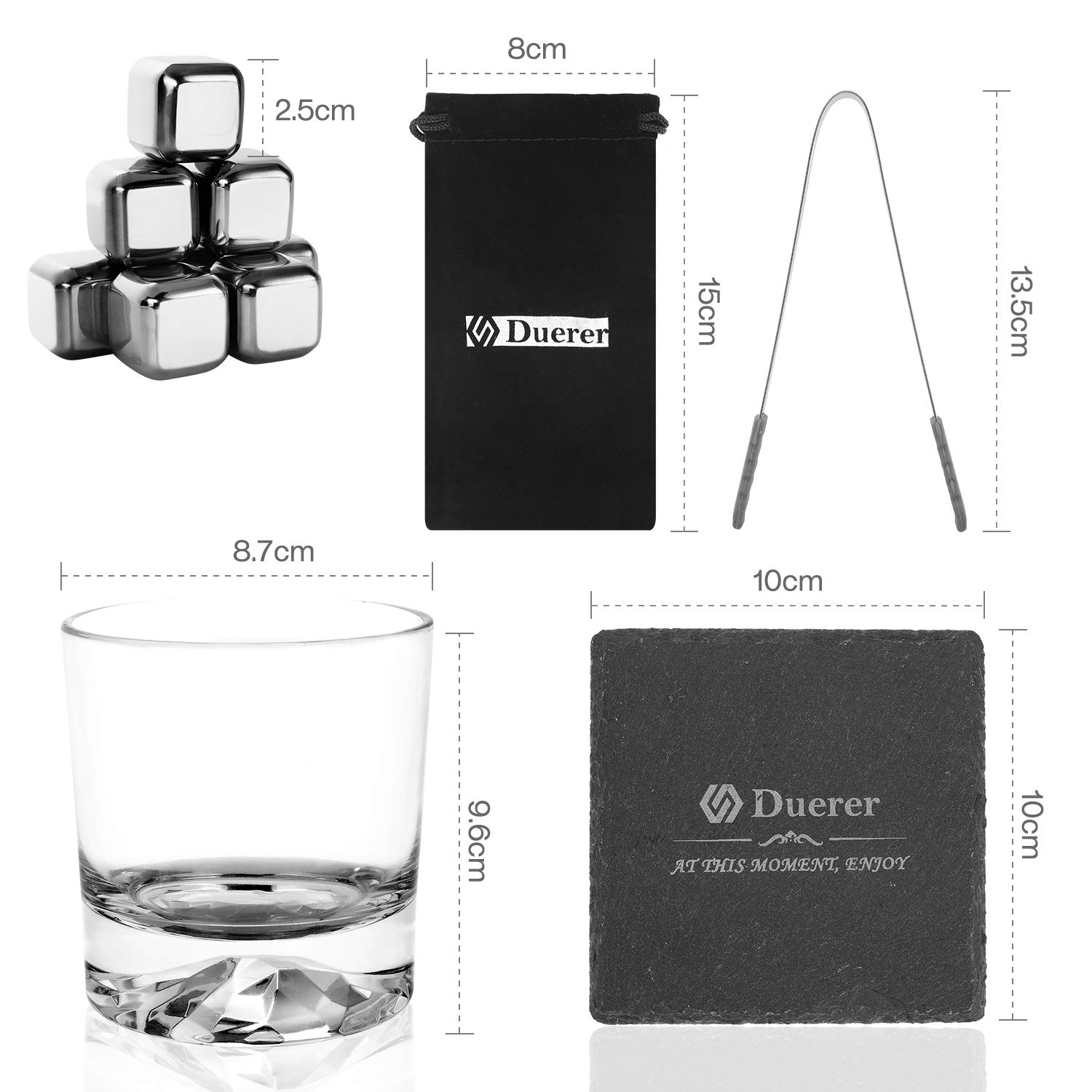 Duerer Whiskey Stones Set, 2 Whiskey Glasses, 8 Reusable Stainless Steel Ice Cubes in Wooden Box, Great Gift for Father's Day, Dad's Birthday or Anytime for Dad, Plus 2 Free Coasters