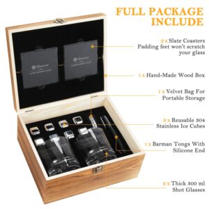 Duerer Whiskey Stones Set, 2 Whiskey Glasses, 8 Reusable Stainless Steel Ice Cubes in Wooden Box, Great Gift for Father's Day, Dad's Birthday or Anytime for Dad, Plus 2 Free Coasters