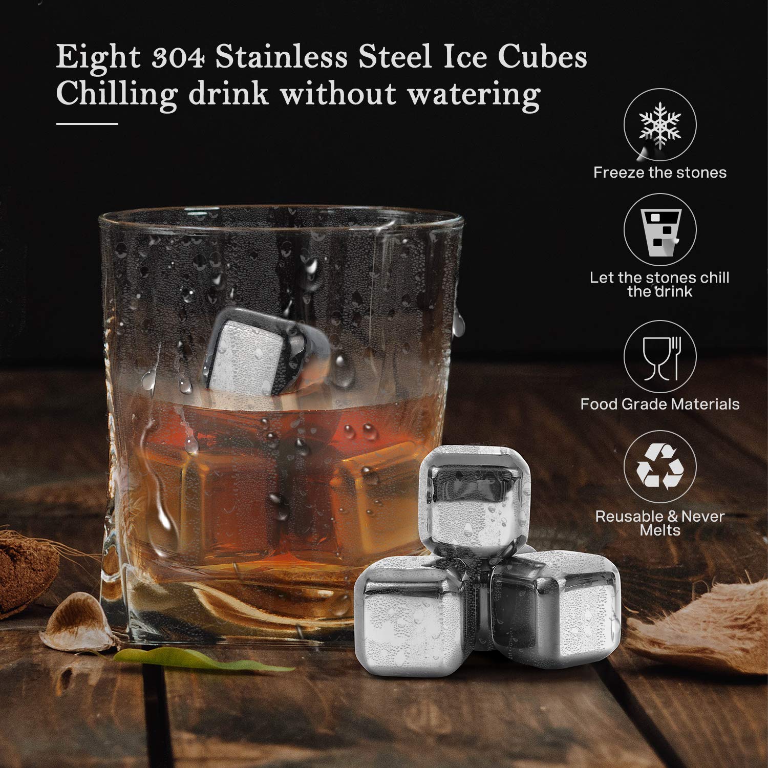 Duerer Whiskey Stones Set, 2 Whiskey Glasses, 8 Reusable Stainless Steel Ice Cubes in Wooden Box, Great Gift for Father's Day, Dad's Birthday or Anytime for Dad, Plus 2 Free Coasters