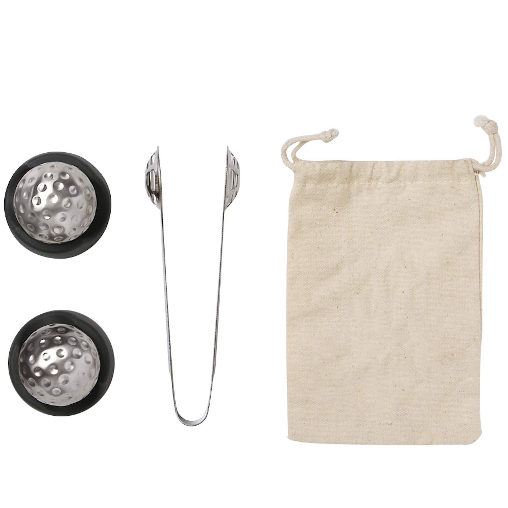 Outset Stainless Steel Whiskey Stone Set, 2 Golf Ball Chillers with Tongs and Storage Bag