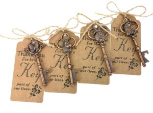 40pcs skeleton key bottle opener wedding party favor souvenir gift with escort tag and jute rope (copper tone,4 styles)