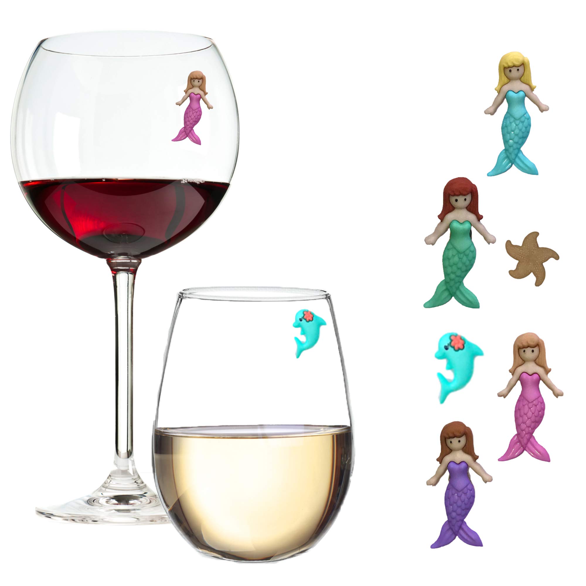 Simply Charmed Mermaid Magnetic Wine Charms and Glass Markers Set of 6 - Great Mermaid Gift for Women