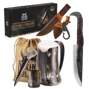 viking culture ox horn mug, shot glass, and bottle opener (3 pc. set) authentic 16-oz. ale intricate design wolf/fenrir + 2-piece viking knife set - raven-head viking knife