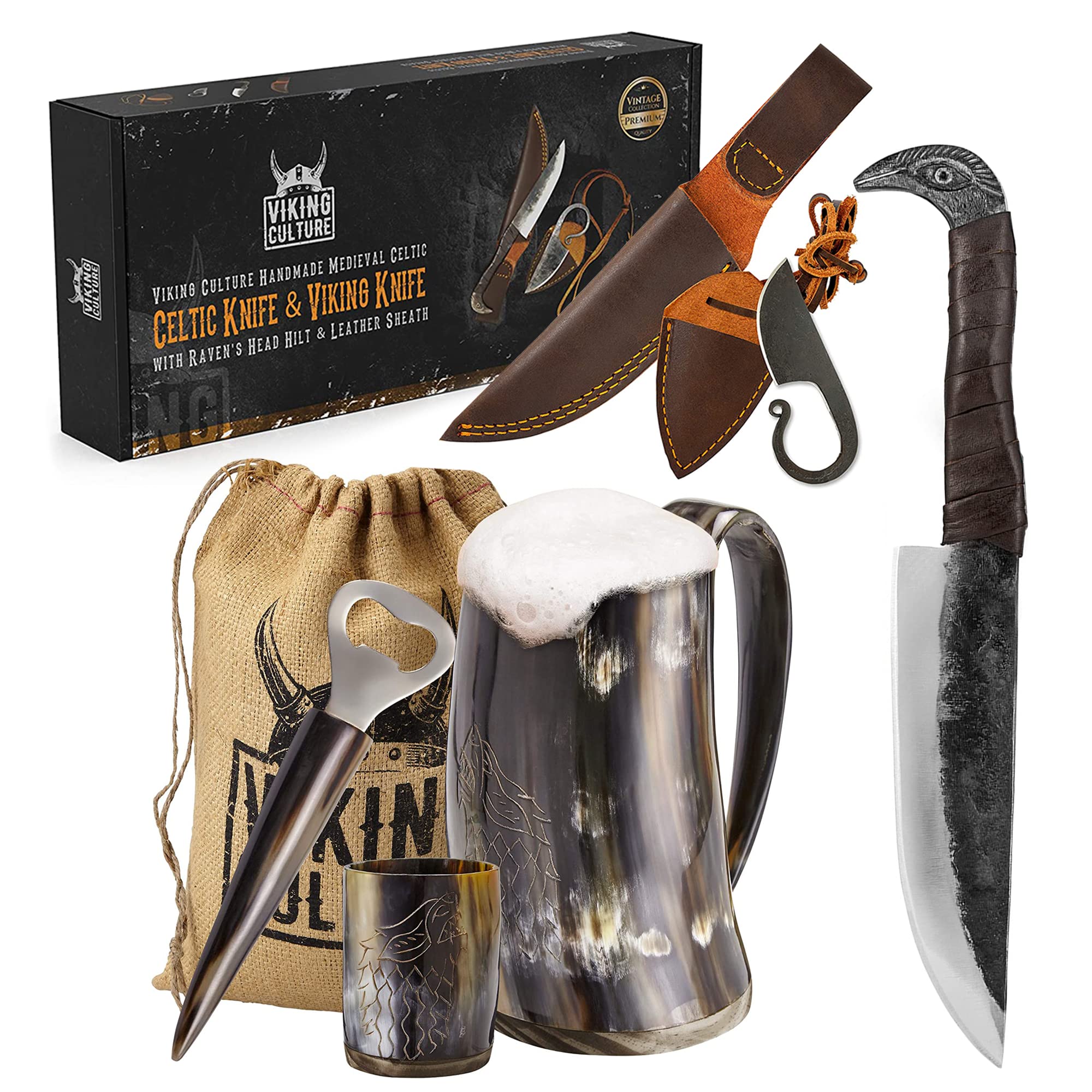 Viking Culture Ox Horn Mug, Shot Glass, and Bottle Opener (3 Pc. Set) Authentic 16-oz. Ale Intricate Design Wolf/Fenrir + 2-Piece Viking Knife Set - Raven-Head Viking Knife