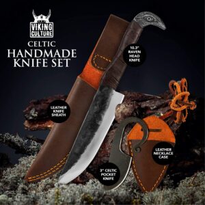 Viking Culture Ox Horn Mug, Shot Glass, and Bottle Opener (3 Pc. Set) Authentic 16-oz. Ale Intricate Design Wolf/Fenrir + 2-Piece Viking Knife Set - Raven-Head Viking Knife