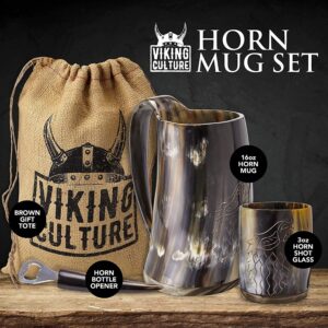 Viking Culture Ox Horn Mug, Shot Glass, and Bottle Opener (3 Pc. Set) Authentic 16-oz. Ale Intricate Design Wolf/Fenrir + 2-Piece Viking Knife Set - Raven-Head Viking Knife