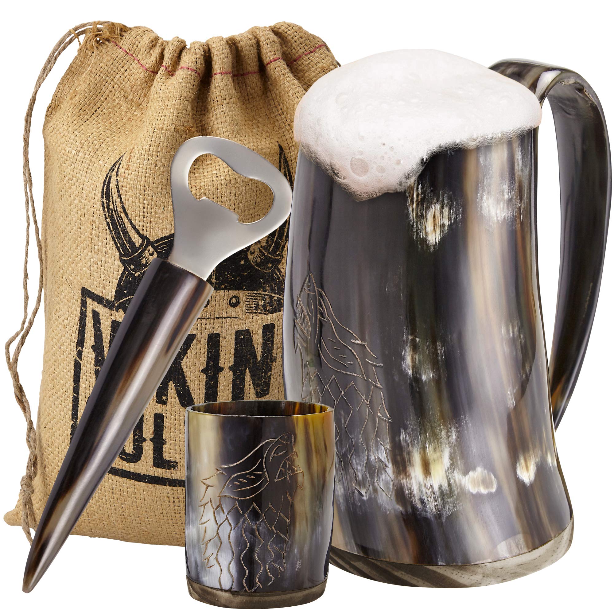 Viking Culture Ox Horn Mug, Shot Glass, and Bottle Opener (3 Pc. Set) Authentic 16-oz. Ale Intricate Design Wolf/Fenrir + 2-Piece Viking Knife Set - Raven-Head Viking Knife