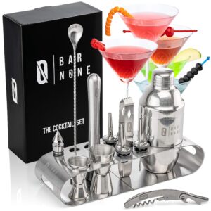 bar none the cocktail set | 12-piece stand bar set exquisite quality bartender kit tools | martini shaker jigger shot muddler spoon ice tongs corkscrew knife bottle opener pourers (stainless steel, 1)