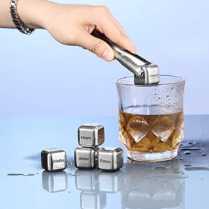 Personalized Whiskey Stones Gift Set for Men - Custom Engraved Whiskey Stone Set of 4 - Stainless Steel Whiskey Ice Cubes with Ice Tongs for Dad Husband Anniversary Birthday Gift (4 PCS)
