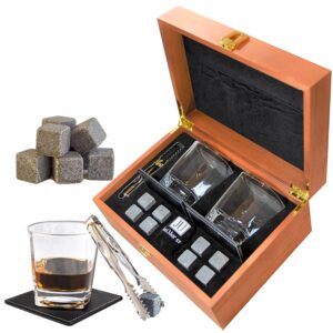 whiskey glass set with whiskey stones in wood gift box, set of 2 classic-shape whiskey glasses,8 chilling stones, pouch, 2 coasters & tongs—whiskey gifts for men, birthday gifts, alcohol gift sets