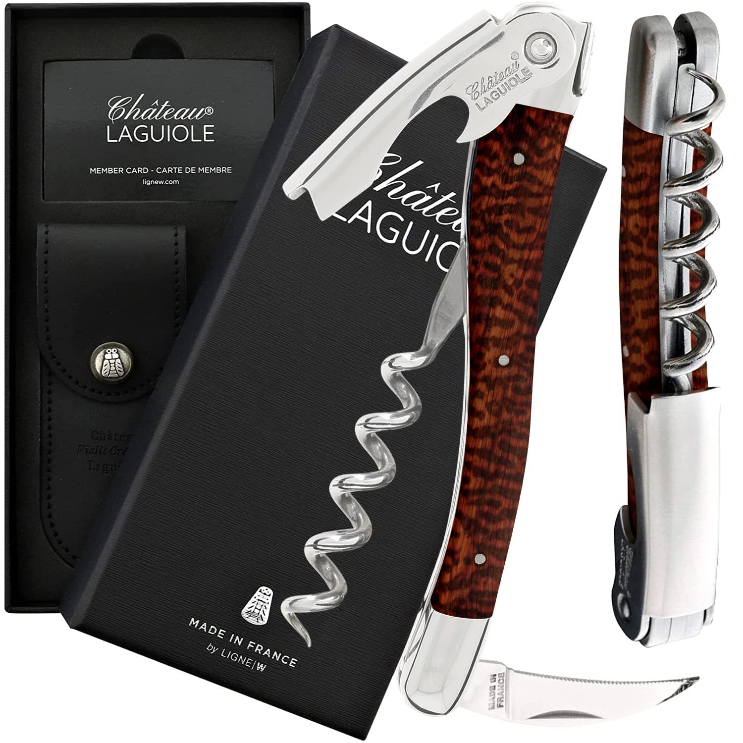 Chateau Laguiole Classic LaGuiole Corkscrew - Snake Wood Luxury Laguiole Wine Opener - Laguiole Wine Key Made in France - Wine Sommelier Wood Handle Wine Corkscrew Includes Leather Sheath & Gift Box