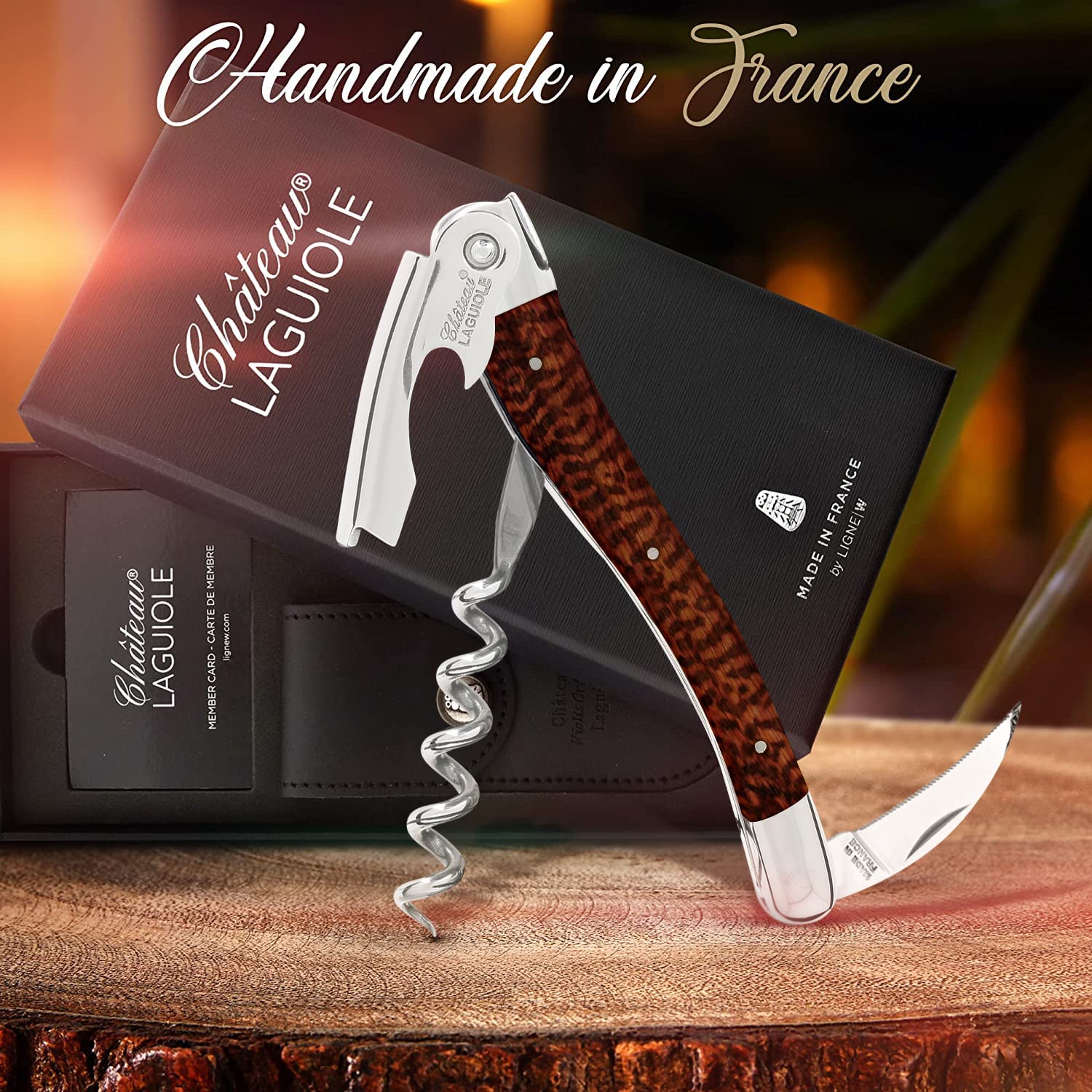 Chateau Laguiole Classic LaGuiole Corkscrew - Snake Wood Luxury Laguiole Wine Opener - Laguiole Wine Key Made in France - Wine Sommelier Wood Handle Wine Corkscrew Includes Leather Sheath & Gift Box