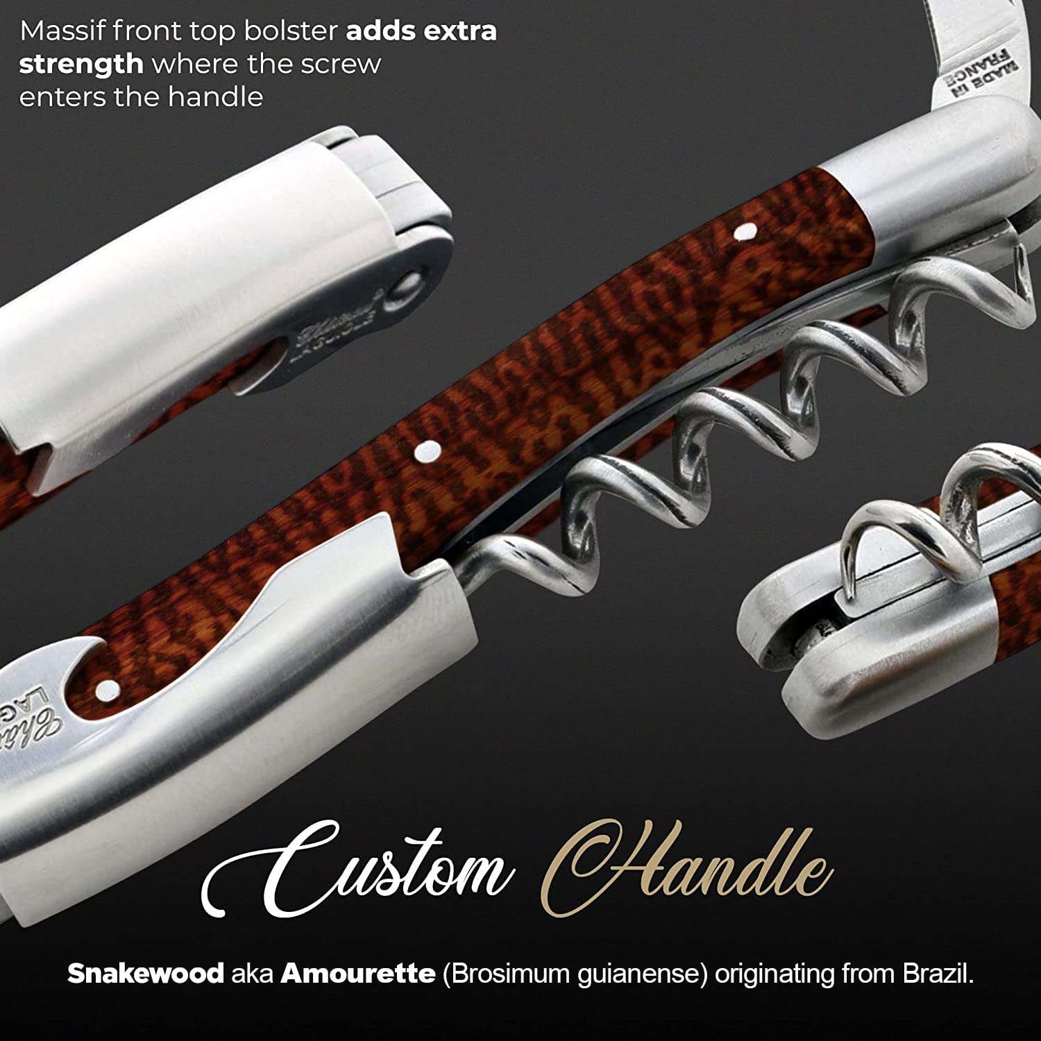 Chateau Laguiole Classic LaGuiole Corkscrew - Snake Wood Luxury Laguiole Wine Opener - Laguiole Wine Key Made in France - Wine Sommelier Wood Handle Wine Corkscrew Includes Leather Sheath & Gift Box