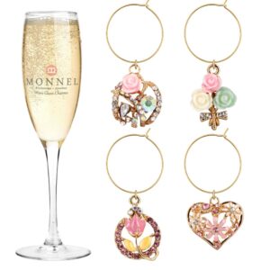 p409 crystal heart flowers wine charms glass marker for party with velvet bag (pink ,set of 4)
