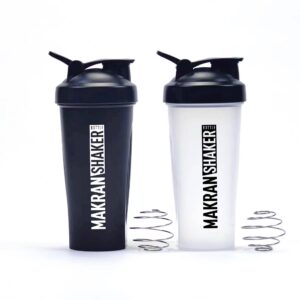 makran shaker bottle (2 packs) 20 oz - shaker bottle for pre & post workout drinks - protein mixer shaker bottel with metal ball for gym - black & clear white - bpa free gym shaker bottles