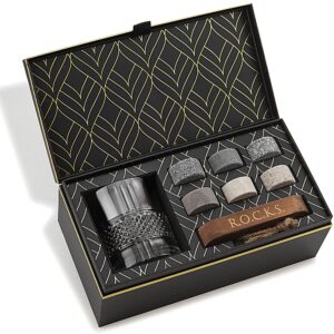 whiskey stones & old fashioned cocktail glass gift set - 6 handcrafted granite round chilling rocks - crystal reserve whiskey glasses (10oz) - hardwood presentation tray - gold foil box