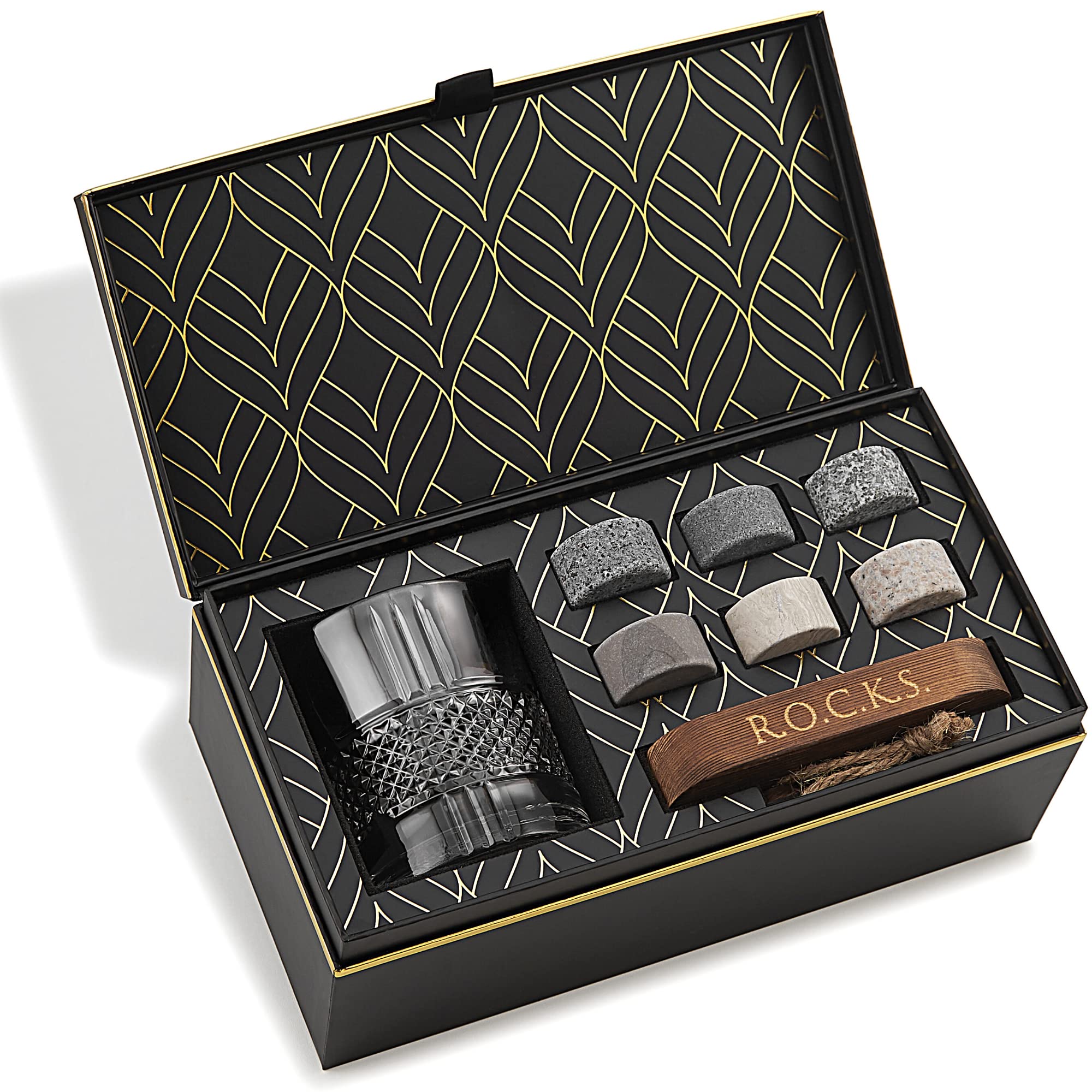 Whiskey Stones & Old Fashioned Cocktail Glass Gift Set - 6 Handcrafted Granite Round Chilling Rocks - Crystal Reserve Whiskey Glasses (10oz) - Hardwood Presentation Tray - Gold Foil Box