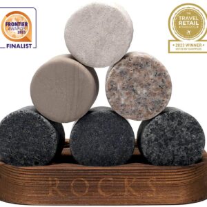 Whiskey Stones & Old Fashioned Cocktail Glass Gift Set - 6 Handcrafted Granite Round Chilling Rocks - Crystal Reserve Whiskey Glasses (10oz) - Hardwood Presentation Tray - Gold Foil Box