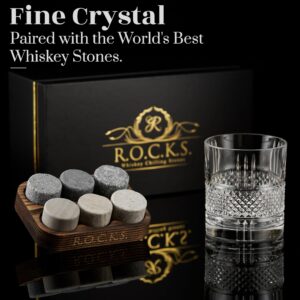 Whiskey Stones & Old Fashioned Cocktail Glass Gift Set - 6 Handcrafted Granite Round Chilling Rocks - Crystal Reserve Whiskey Glasses (10oz) - Hardwood Presentation Tray - Gold Foil Box