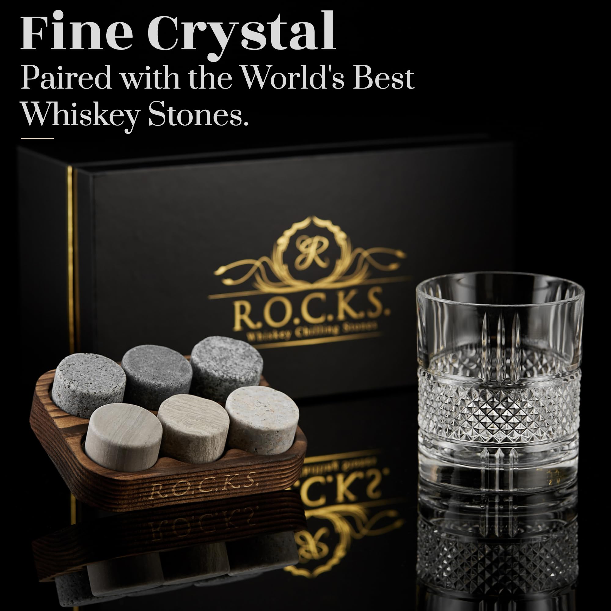 Whiskey Stones & Old Fashioned Cocktail Glass Gift Set - 6 Handcrafted Granite Round Chilling Rocks - Crystal Reserve Whiskey Glasses (10oz) - Hardwood Presentation Tray - Gold Foil Box