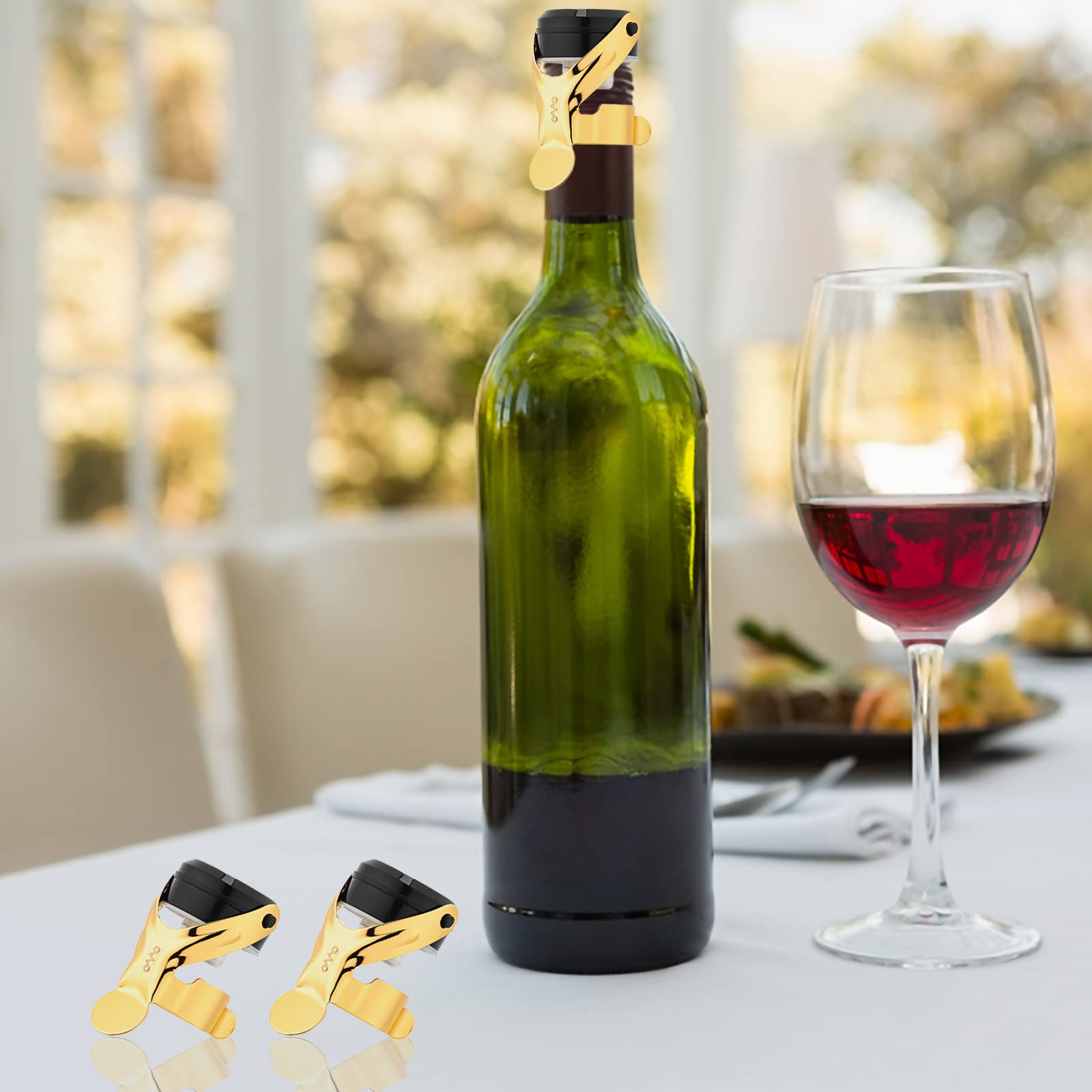 OWO Wine stoppers Stainless Steel Wine Saver Plug with Silicone Wine Saver for all Standard Bottle Necks Leak proof Keep Fresh （Gold, 2 Pack）