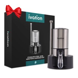 Ivation Stainless Steel Wine Aerator & Dispenser Set | Electric Battery-Operated Universal Wine Spout with Automatic Button Dispenser, Aeration Control, Stainless Steel Extension Rod & Storage Stand