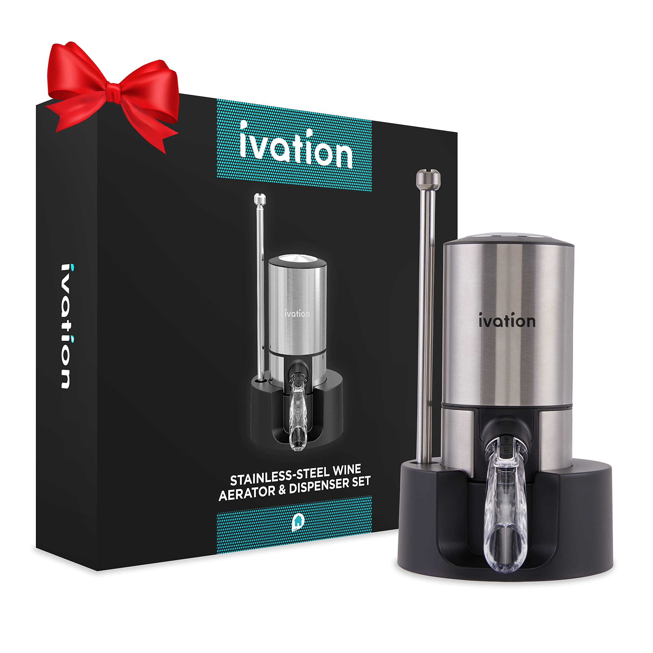 Ivation Stainless Steel Wine Aerator & Dispenser Set | Electric Battery-Operated Universal Wine Spout with Automatic Button Dispenser, Aeration Control, Stainless Steel Extension Rod & Storage Stand