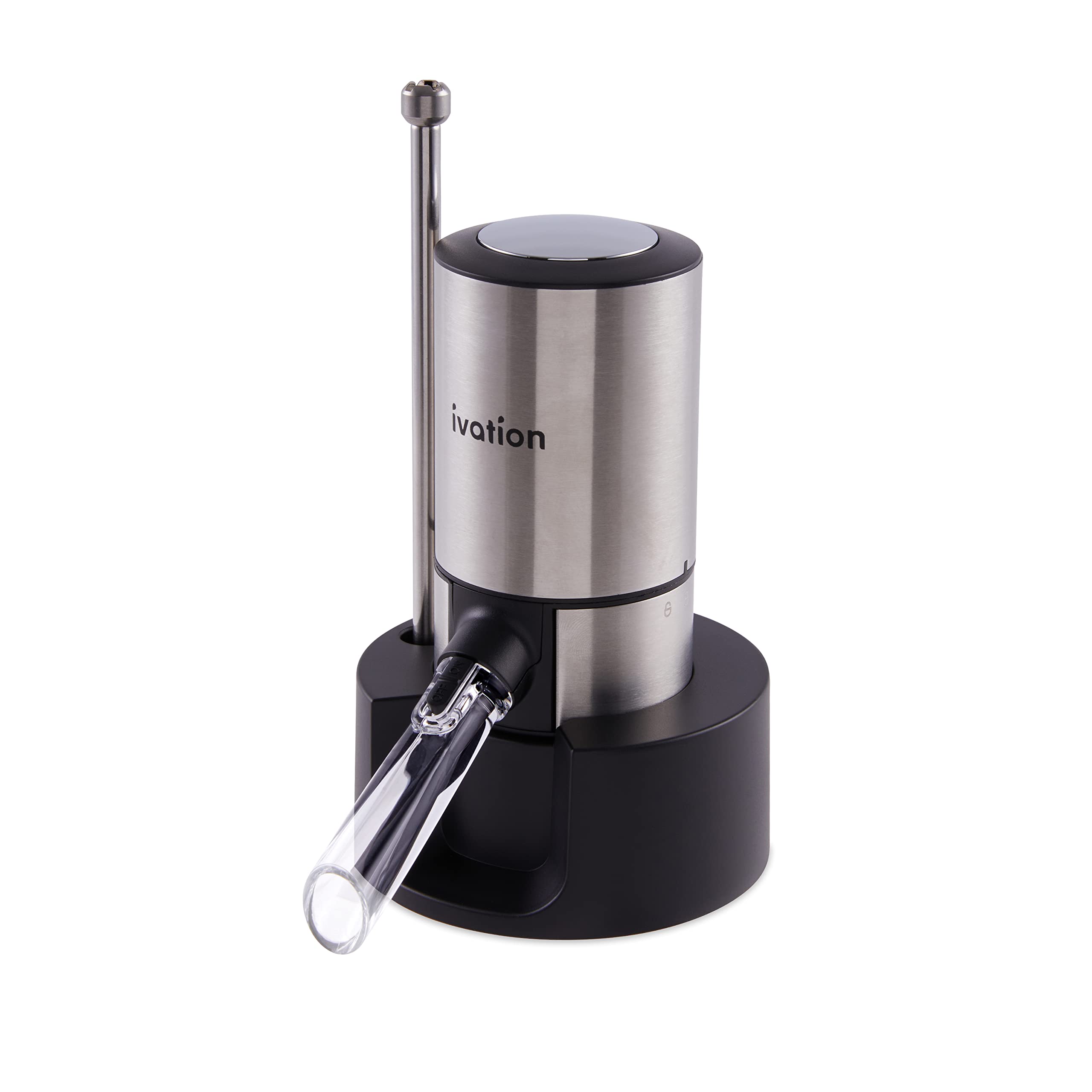 Ivation Stainless Steel Wine Aerator & Dispenser Set | Electric Battery-Operated Universal Wine Spout with Automatic Button Dispenser, Aeration Control, Stainless Steel Extension Rod & Storage Stand